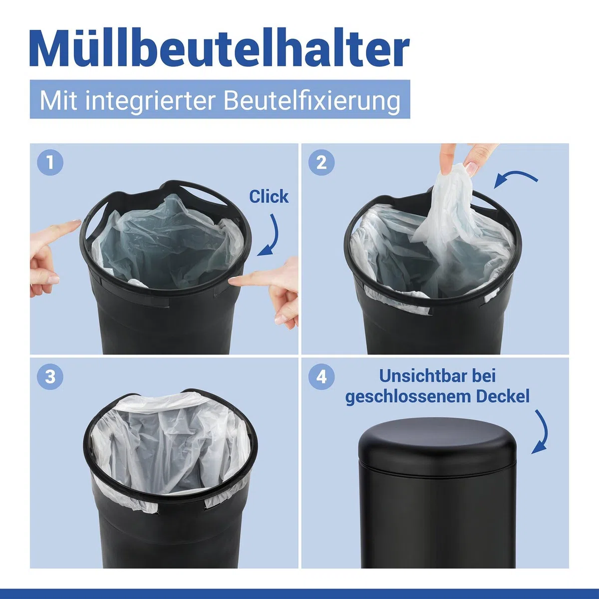 WENKO Kosmetikeimer 5 Liter, Stahl, herausnehmbarer Inneneimer mit Müllbeutelhalter, Mülleimer fürs Bad mit Deckel und Tretfunktion, ausklappbarer Tragegriff, Schwarz matt, Mod. Leman