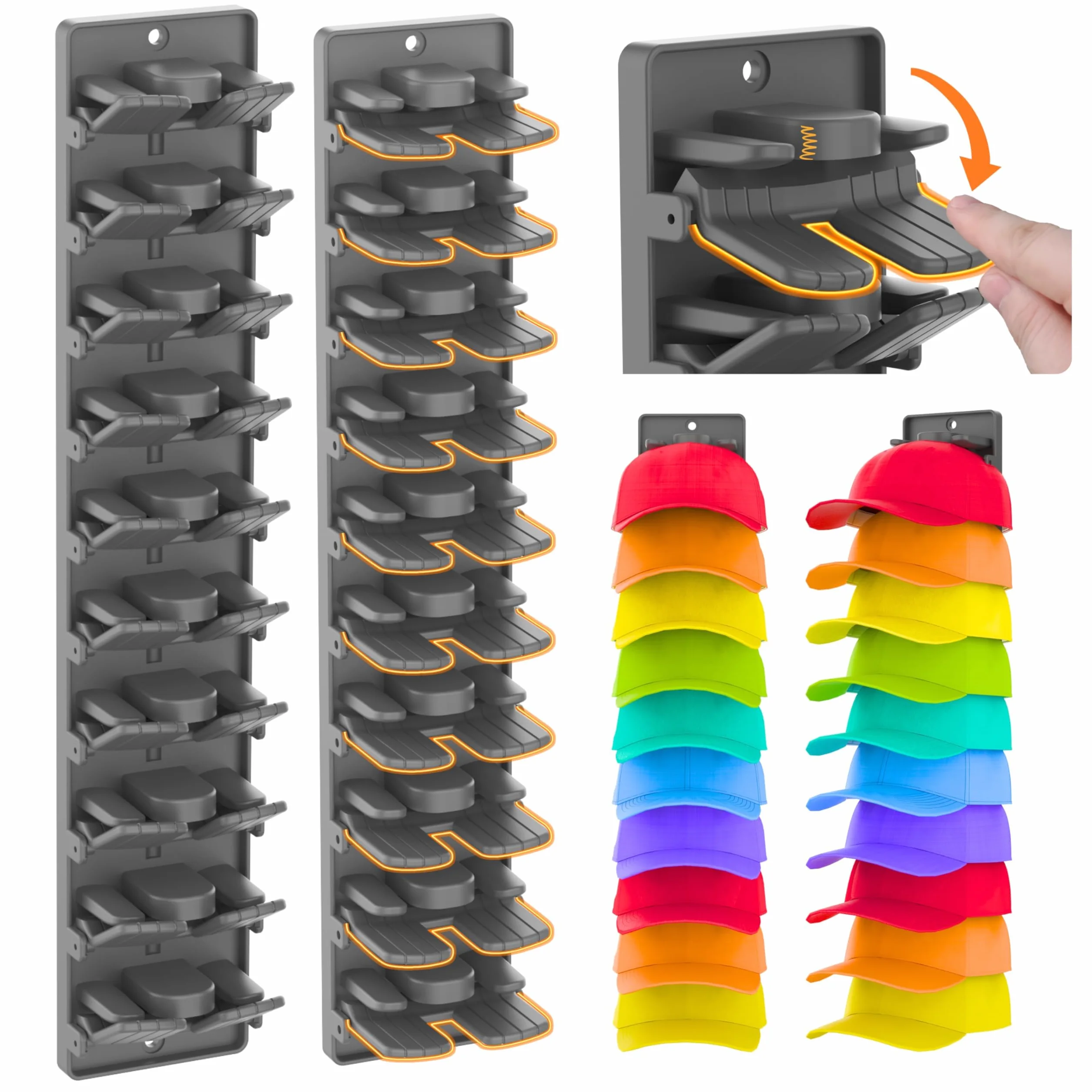 Hutorganizer für Baseballkappen 2er-Pack mit integrierten Federclips - Wandmontage Schrank-Hutständer-Halterung, Aufbewahrung für Tür/Schrank Display Hutständer Aufhänger (Starker Klebstoff