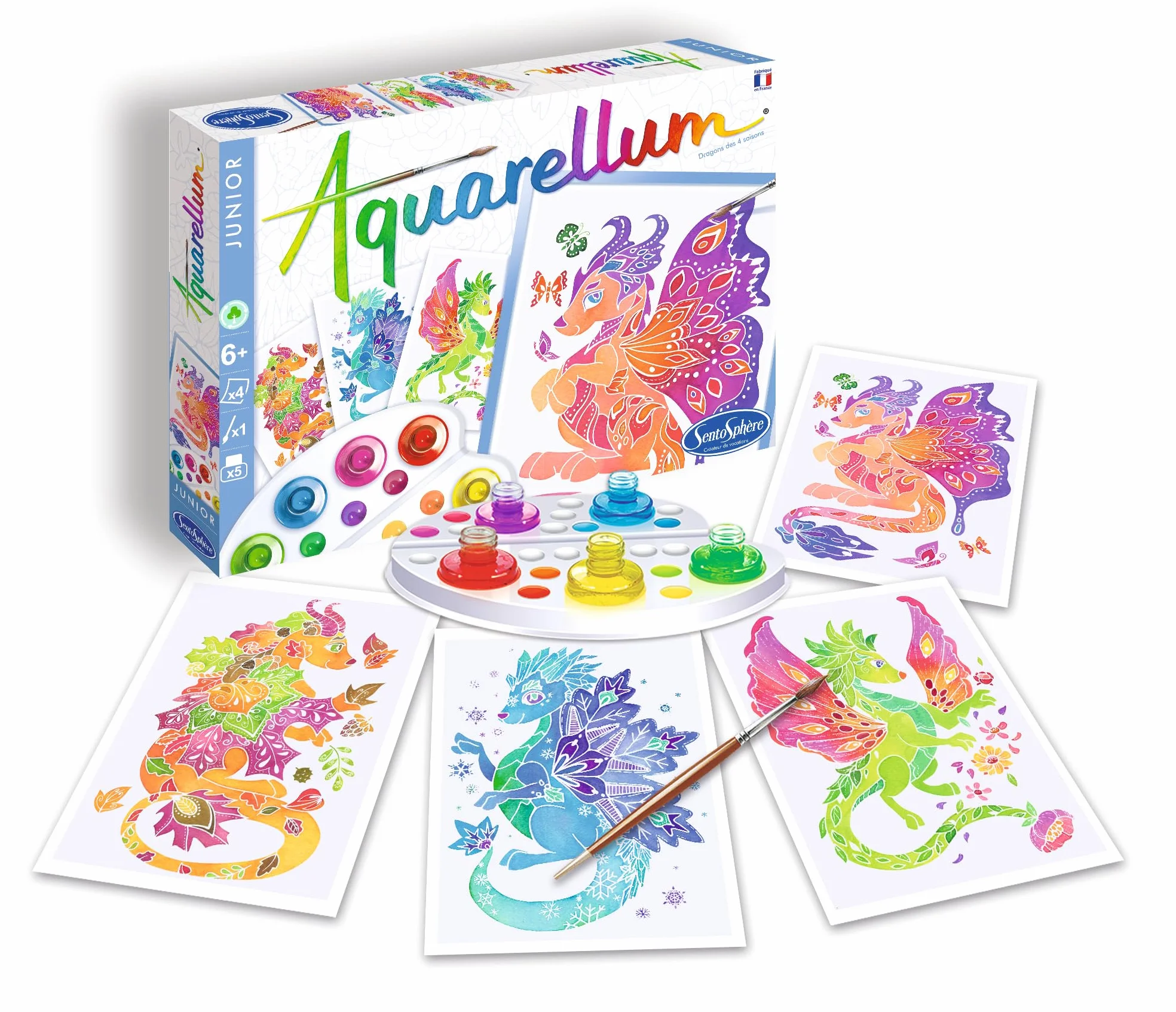 Sentosphère 3906515 Aquarellum Junior, Aquarell-Mal-Set für Kinder, Motiv Drachen, DIY Kreativset, Bastelset, Malset ab 6 Jahren