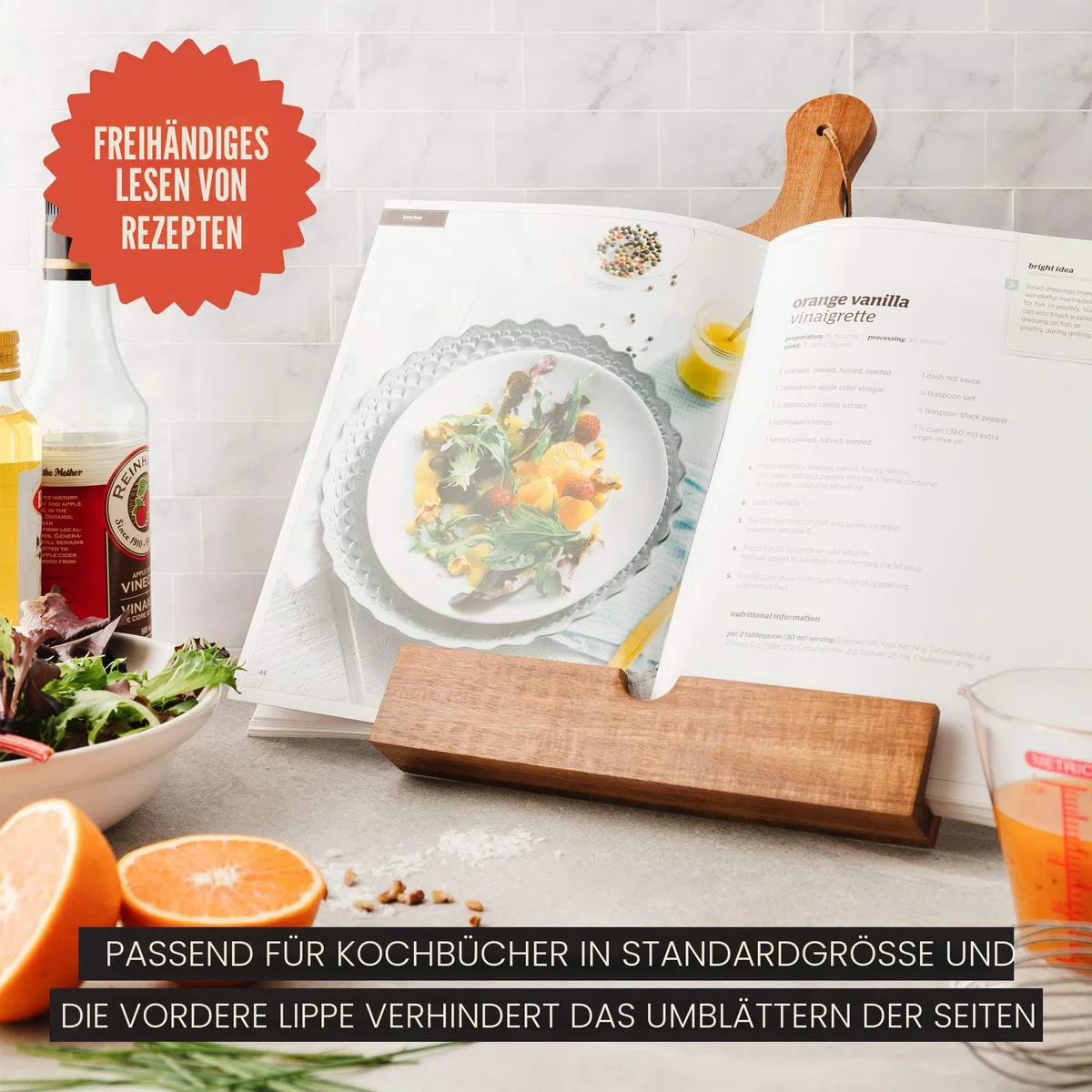 Chef Pomodoro Kochbuchhalter – Leseständer aus Akazienholz - Buchständer Holz - Dekorativer Bücherständer 23,8 x 36,8 cm (B x L) – Buchhalter Holz – Buch Ständer – Auch geeignet für Tablets