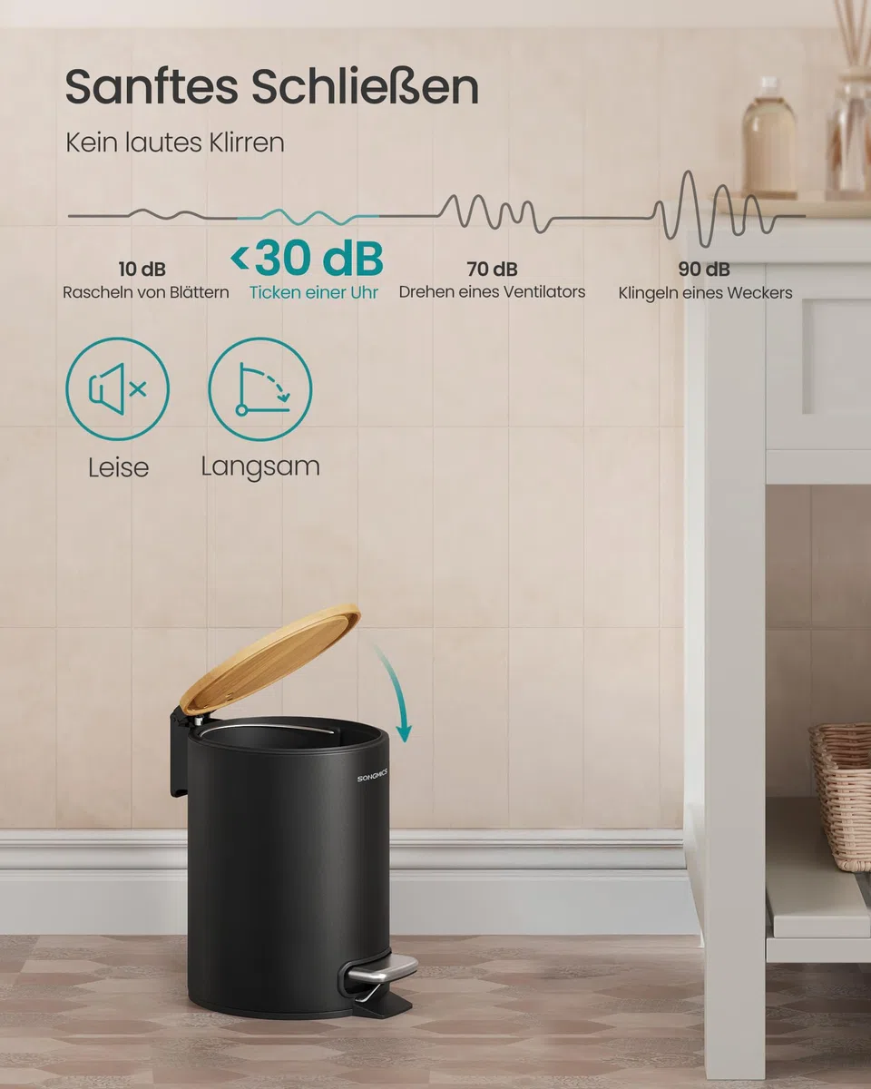 SONGMICS Kosmetikeimer, Mülleimer Bad, mit Deckel aus Bambus, Tretmülleimer mit Metallpedal, Inneneimer herausnehmbar, Softclose, für Badezimmer, 3 Liter, tintenschwarz LTB113BZ01