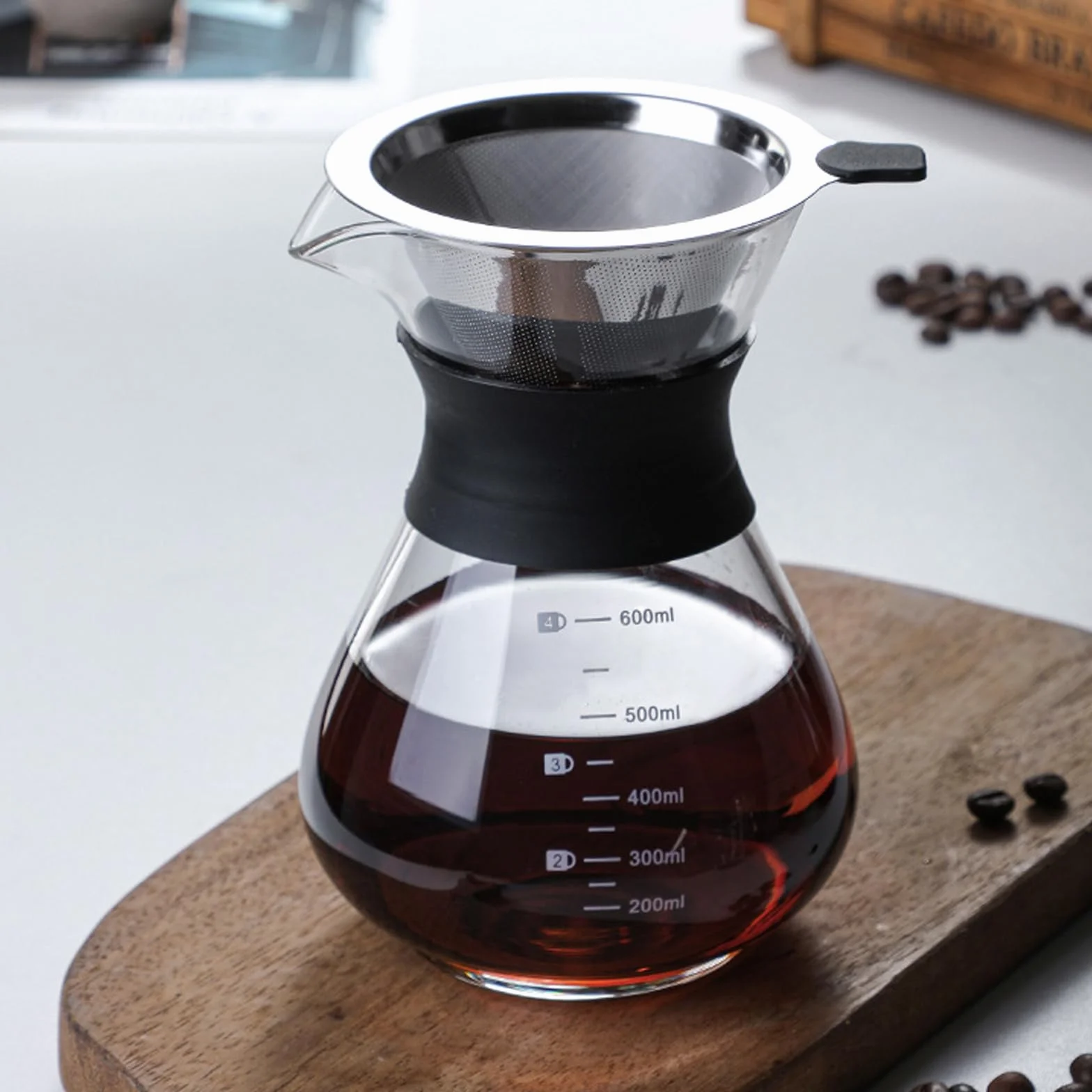 Pour Over Kaffeebereiter, 600ml Kaffeebrüher für Filterkaffee, Hand Kaffee Edelstahl Handfilter Aus Glas Mit Permanentfilter, Kaffeedrip-Brauer, Für Zuhause, Café, Restaurant und Camping, Schwarz