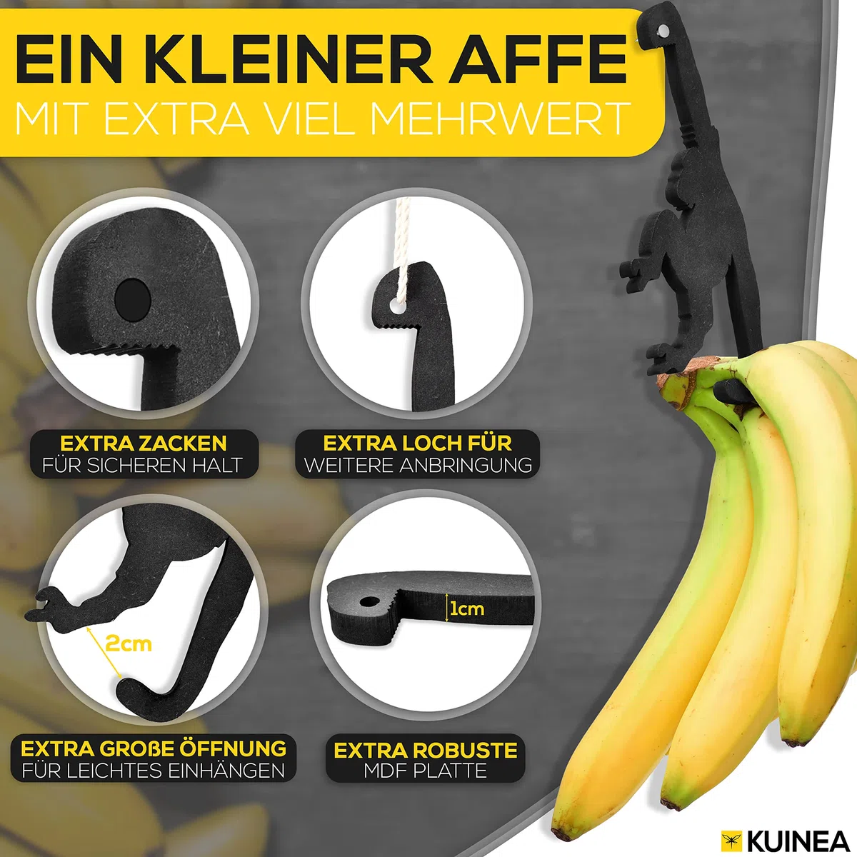 KUINEA Bananenhalter Affe für Bananen [KÜCHEN GADGETS] Der witzige Affen Bananenhalter I Praktischer Obst & Bananenständer I lustiges Küchengadget für Freunde von originellen Küchenutensilien I Küche