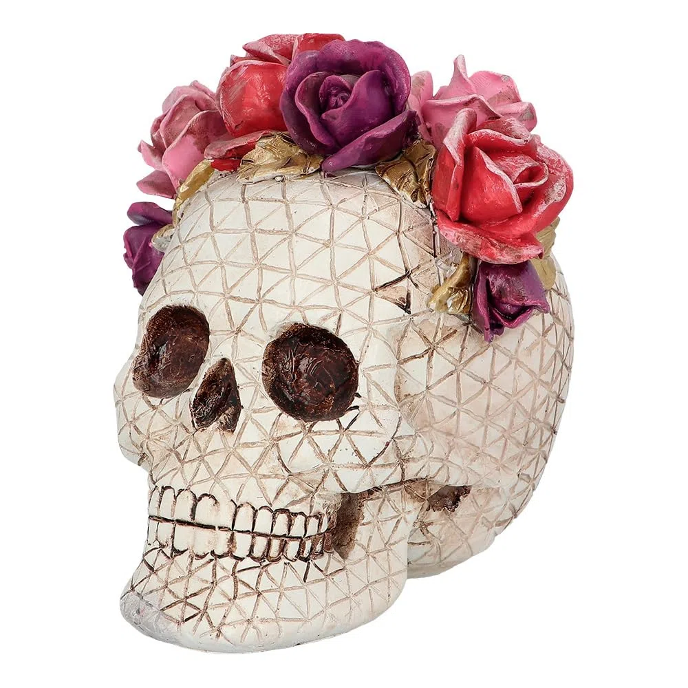 Boland 73089 - Totenkopf Deko mit Rosen, Schädel mit Blumenkranz,Tischdeko für Halloween und Karneval, Dia de los Muertos
