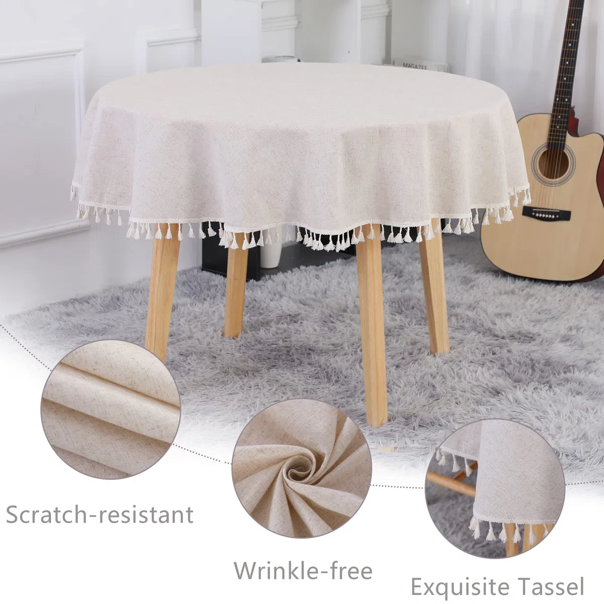SUCHDECO Tischdecke Rund 120 cm Tischdecke Beige Leinen Baumwolle Tischdecke Runde Abwaschbar Knitterfrei Tischtuch mit Quasten für Küche, Esszimmer, Esstisch, Couchtisch, Gartentisch