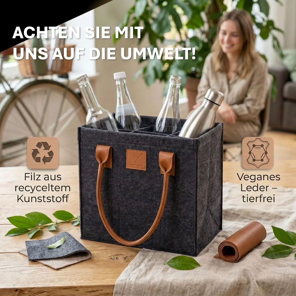 Flaschenträger für 6 Flaschen 1,5l EXTRA STABIL aus Filz – Flaschenkorb, Flaschentasche, Getränkekorb für Bier, Wein & Pfandflaschen – Flaschenaufbewahrung & Getränketräger (6 Fächer grau)