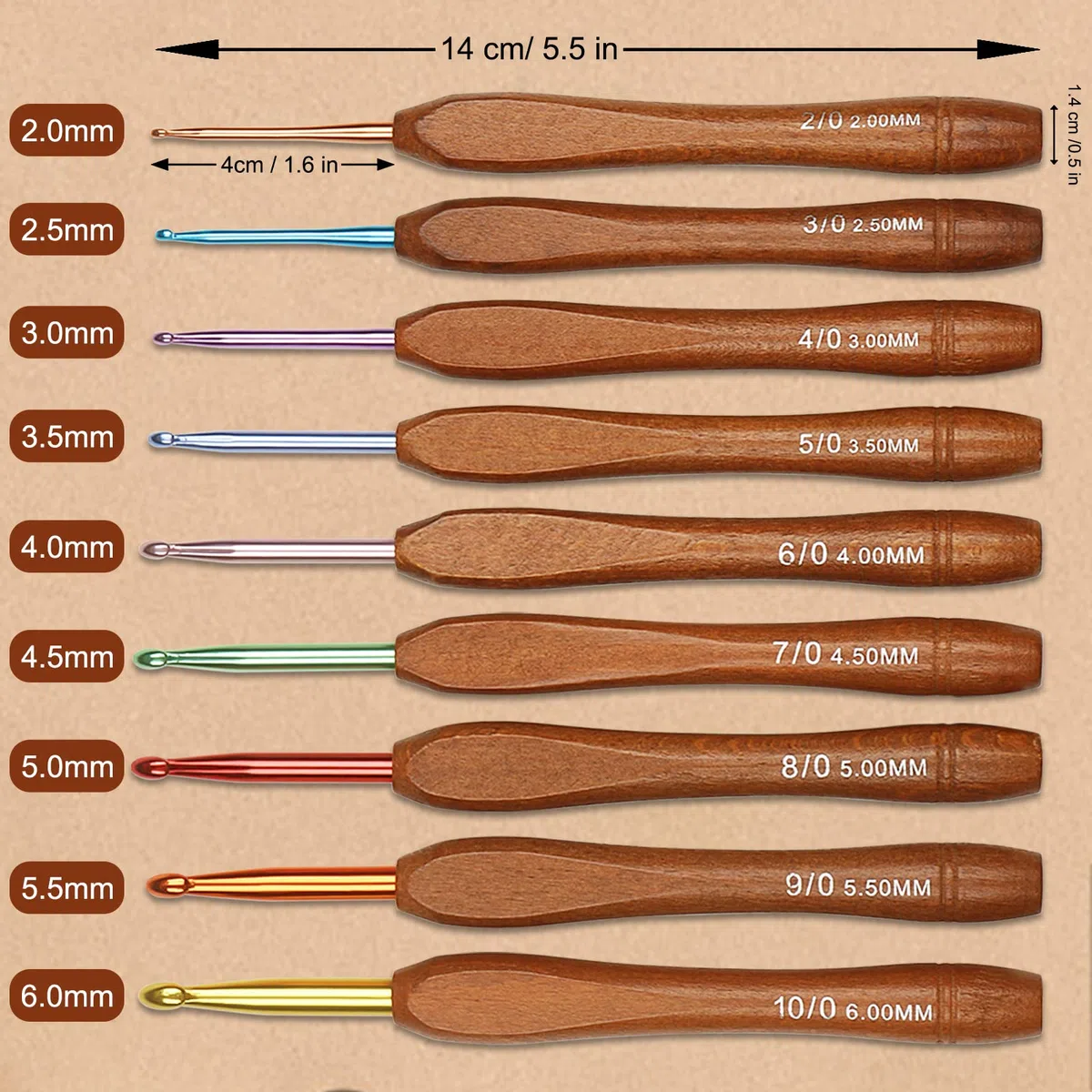 Aeelike Holzgriff Häkelnadel Set, 9 Stück Ergonomische Häkelnadeln mit Schön Tasche für Arthritische Hände, 2,0-6,0 mm Leichte Starter Häkelnadeln mit Bunte Aluminium-Hakenkopf für Anfänger, Profis