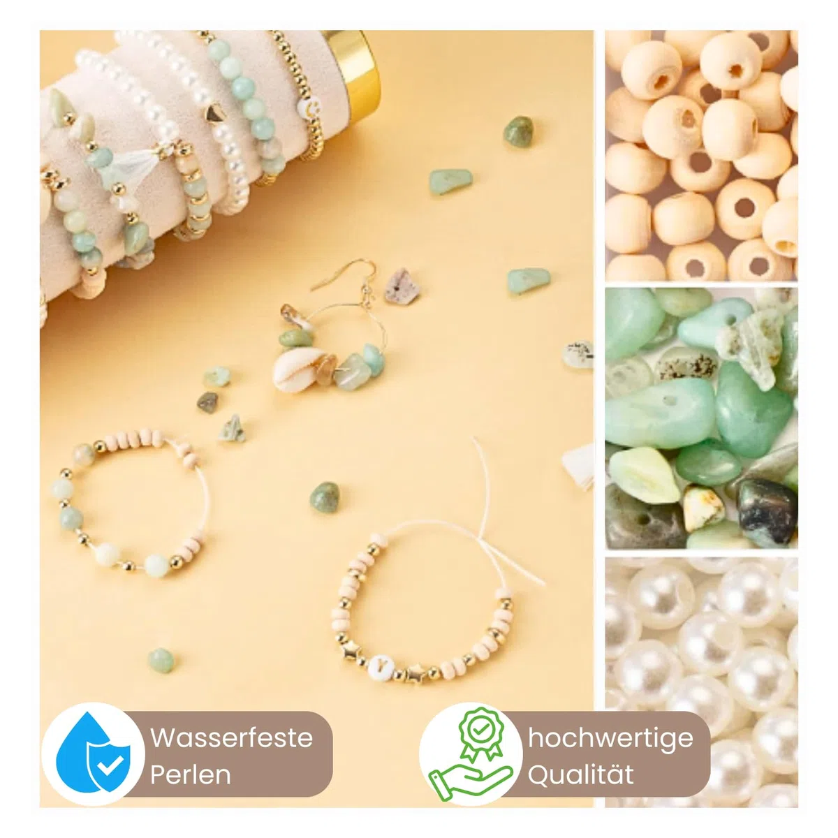 montivio Golden Beach, Natürliche Perlen, Naturstein, Amazonit perlen, Perlen für Armbänder, Perlenset mit Videoanleitung, Armbänder Selber Machen, Perlenset, Schmuck Selber Machen Set, Schmuck