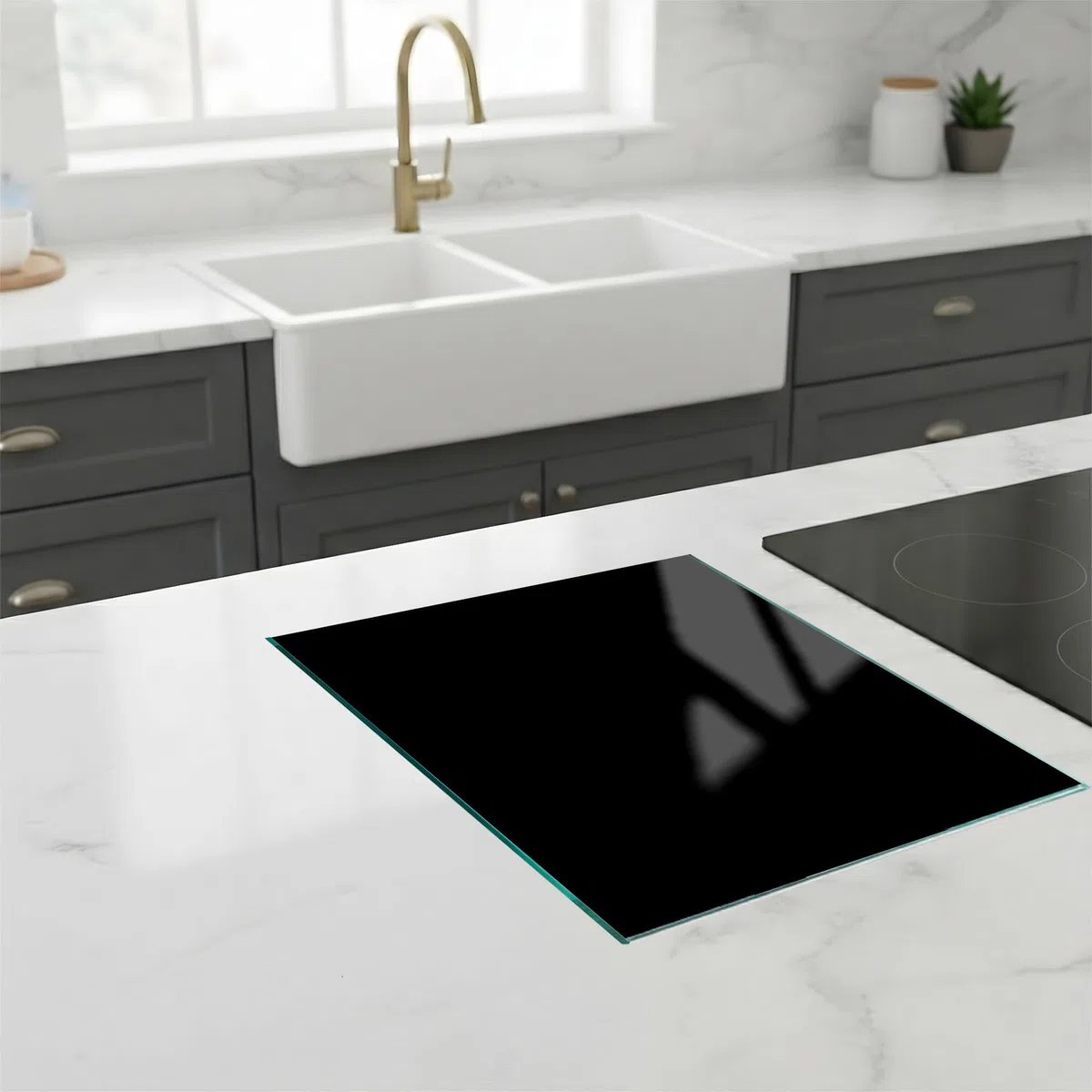 Herdabdeckung Glas Schwarz 1 Teilig 60x52 – Gehärtetes Glas Schneidebrett & Ceranfeld Abdeckplatte – Hochglanz & Blickdicht – Schutz für Induktion, Ceran