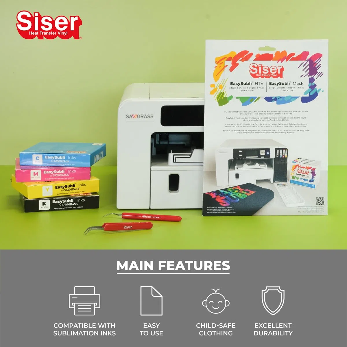 Siser Easy Subli Packung 5+5,thermo-transferierbare, mit Sublimationstinten bedruckbare Folie für helle und dunkle Textilien, 5 Blatt Easy Subli im A4-Format und 5 Blatt Application Tape im A4-Format