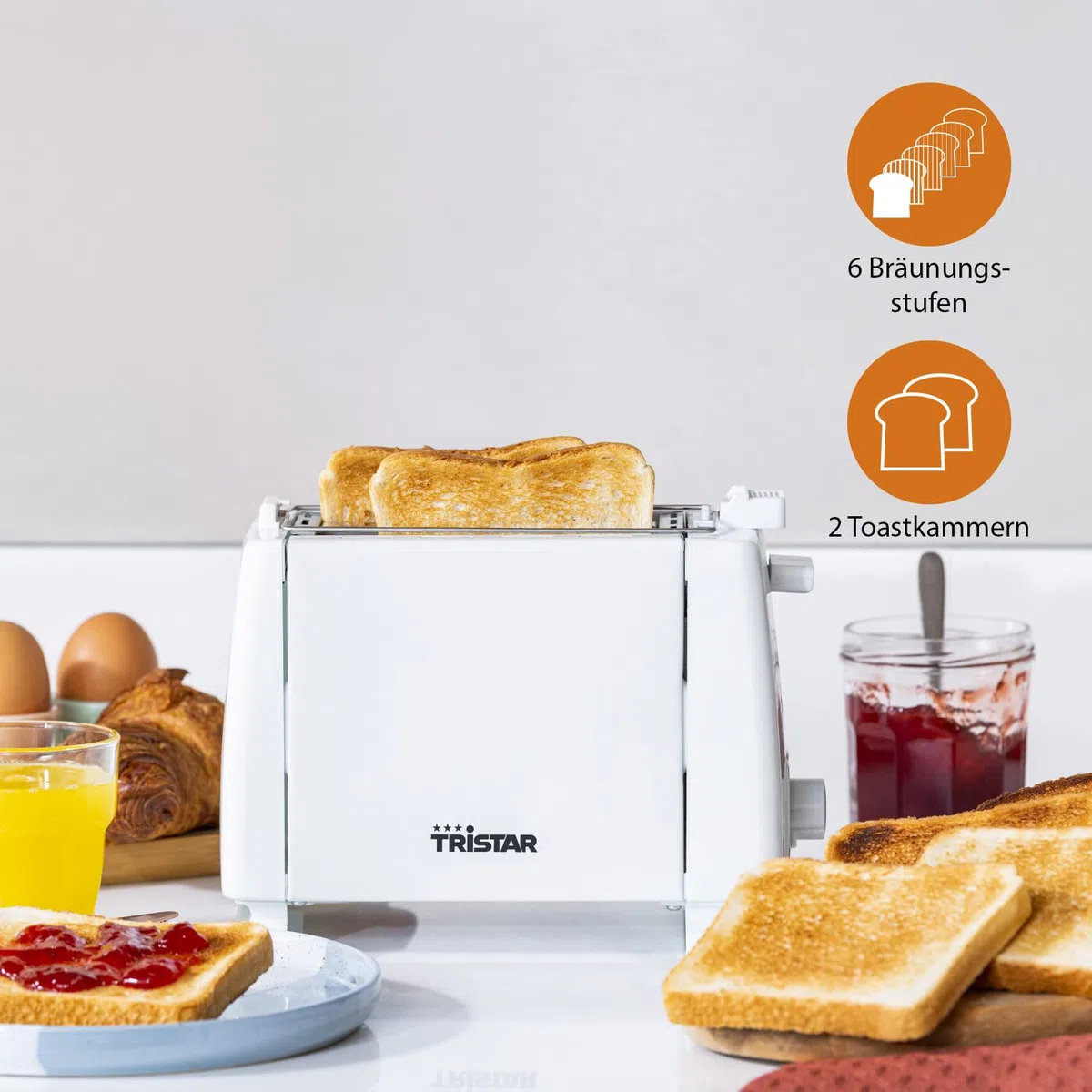 Tristar BR-1009 Toaster, 650 Watt, für 2 Toast-Scheiben 2 Kurze Schlitze, 6 Bräunungsstufen und Aufwärmfunktion für Brötchen – Weiß
