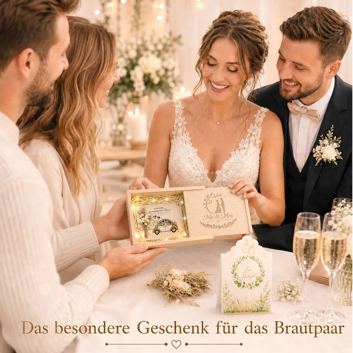 Geldgeschenk Hochzeit Holz, Hochzeitsgeschenk für Brautpaar mit Geschenkbox, Holzkarte, Hochzeitskarte & Trockenblumen, Geldgeschenke zur Hochzeit, Flitterwochen