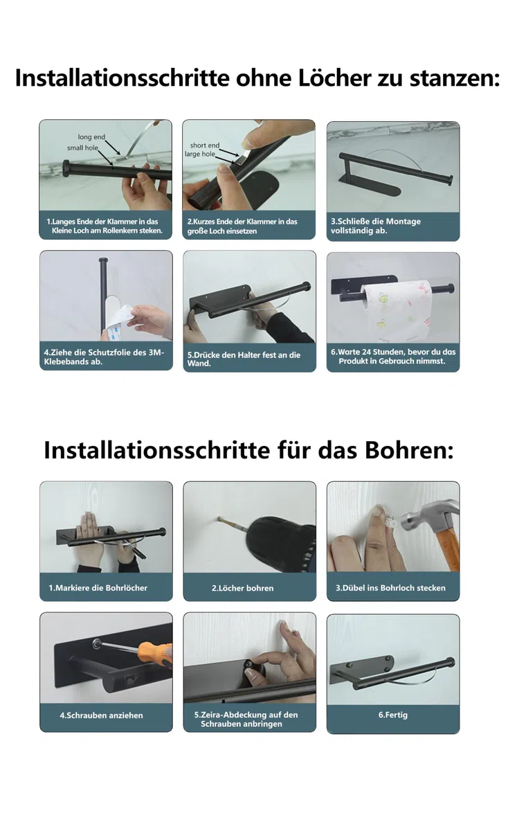 Premium Küchenrollenhalter ohne Bohren Selbstklebend Wand - Einhändig Abreißen XXL Basis - Zewa Rollenhalter mit Abroll-Bremse Dämpfung - Küchenpapierhalter Edelstahl Schwarz Küche Bad Wohnmobil