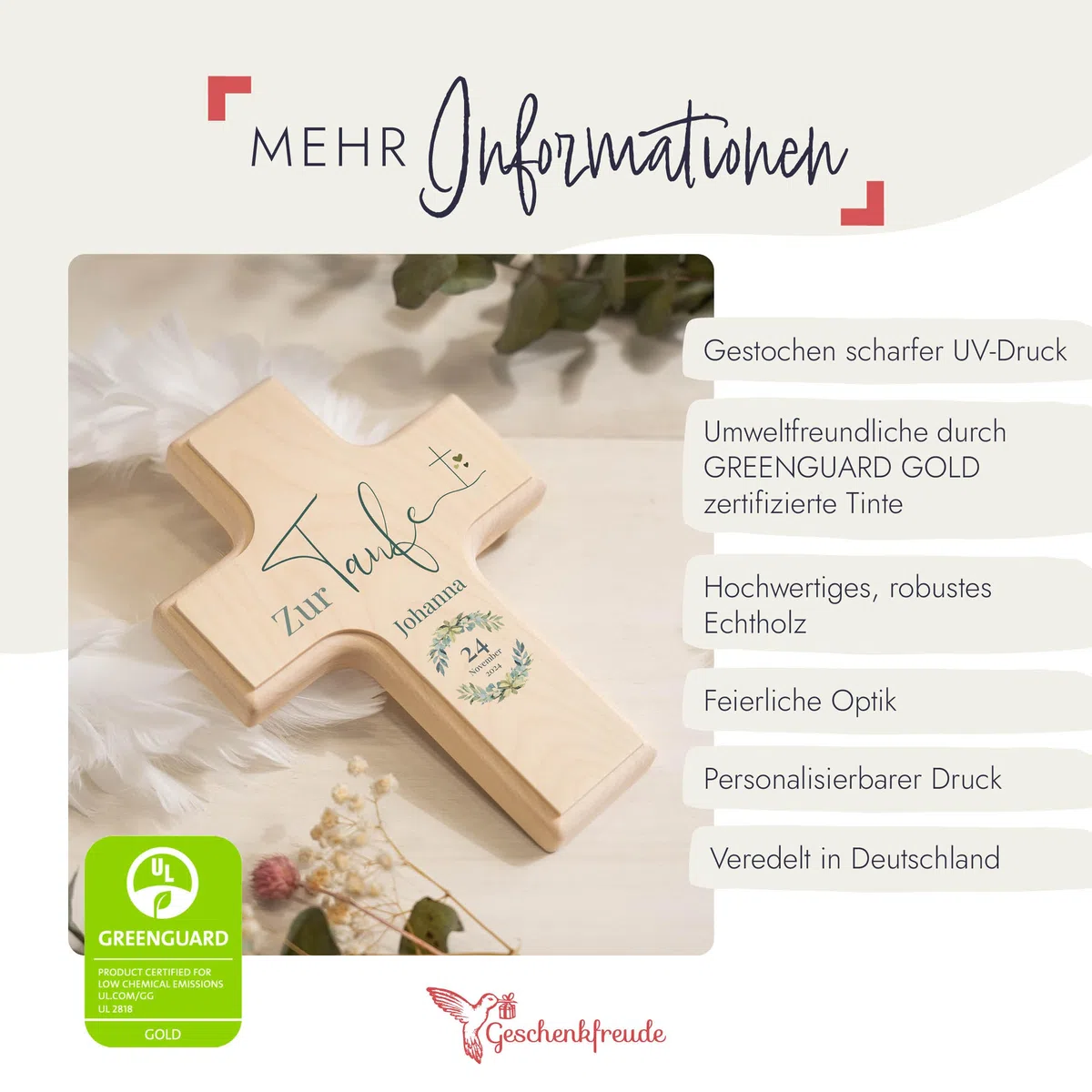 Taufkreuz personalisiert mit Namen zur Taufe aus Holz - 19x14cm - Taufgeschenk für Junge/Mädchen - Geschenkideen zur Taufe - Deko Kruzifix Wandkreuz für Kinderzimmer - UV-Druck - Kranz - blau