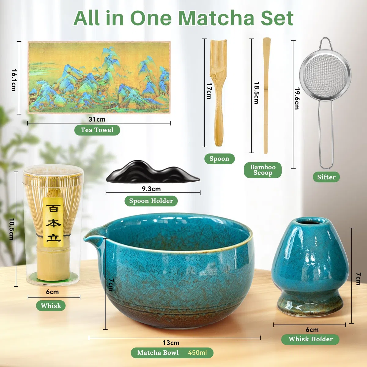 Matcha Set 8-teiliges Premium Tea Set mit Schale mit Ausgießer & Bambus-Chasen (100 Spitzen), Halter, Löffel, Sieb, Tuch – Japanisches Matcha Kit, zeremonielles Starter Set für Matcha-Liebhaber (Blau)