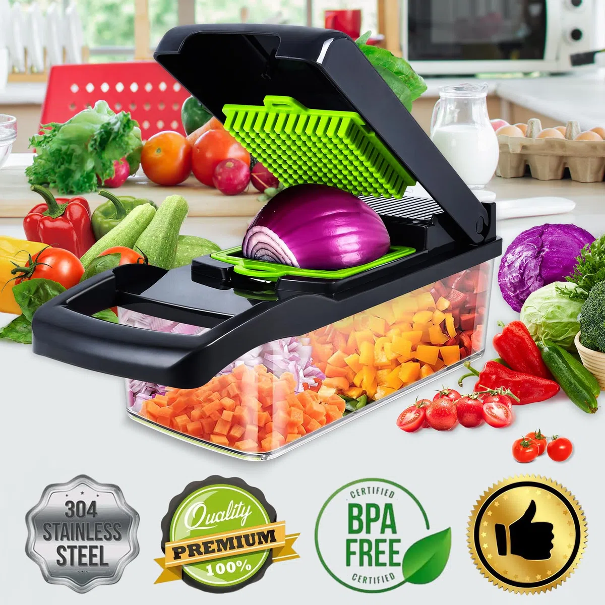 18-in-1 Gemüseschneider & Gemüsehobel, Multifunktionaler Vegetable Chopper mit 7 Klingen, Zwiebel Zerkleinerer Gemüsezerkleinerer Set mit Handschuh, Reinigungsbürste und Schäler
