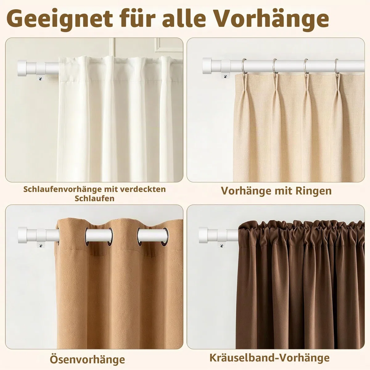 KAMANINA Gardinenstange Weiß 80 to 148 cm Lang, 25 mm Durchmesser Vorhangstange Ausziehbar mit Einfachen Endkappen für Fenster, Schlafzimmer, Wohnzimmer