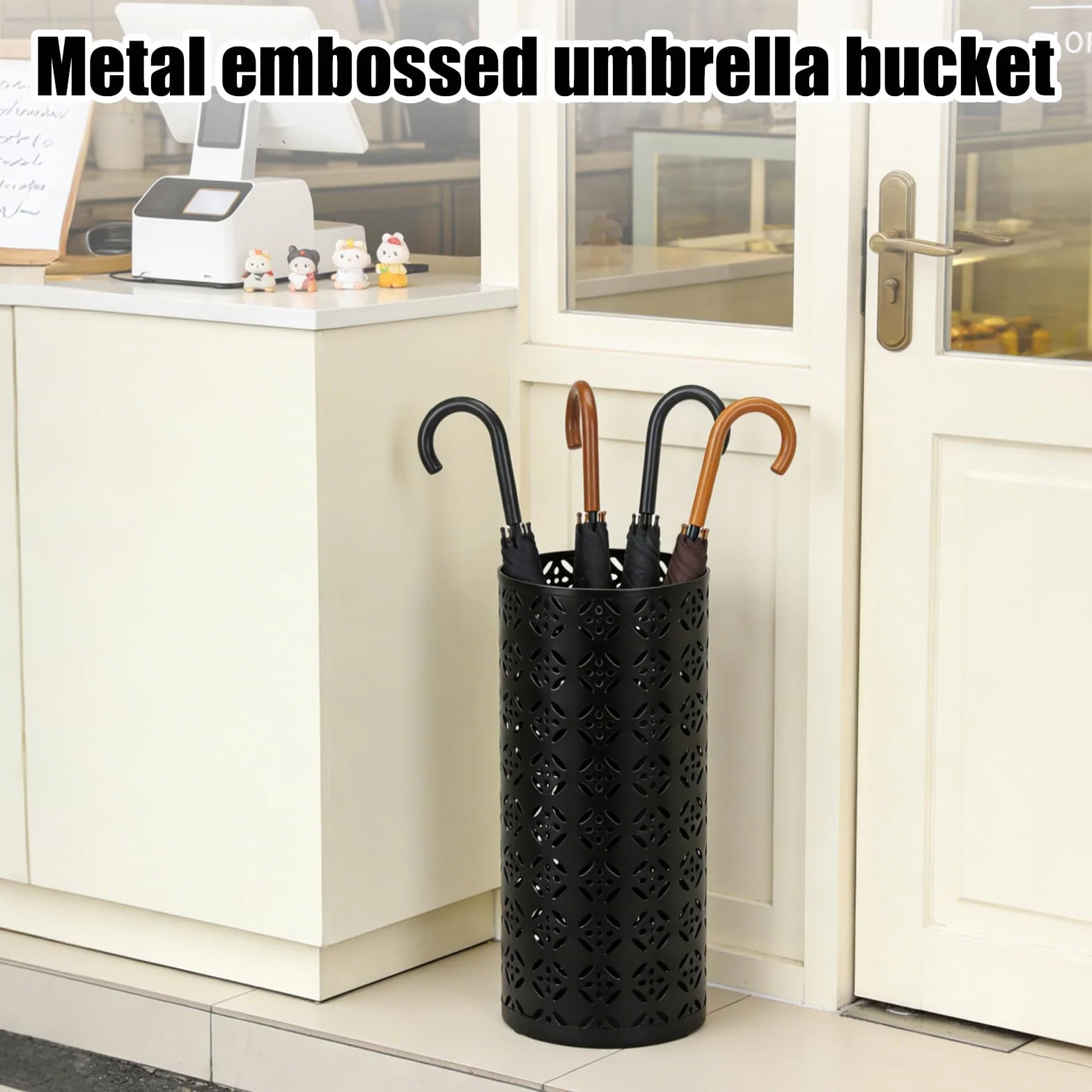 PORFOYO Schirmständer, Runder Regenschirmständer aus Metall, Schwarz Regenschirm Ständer, 15x15x35 cm Freistehender Schirmständer Regenschirm, Umbrella Stand für Eingangsbereich, Haus, Lobby, Büro