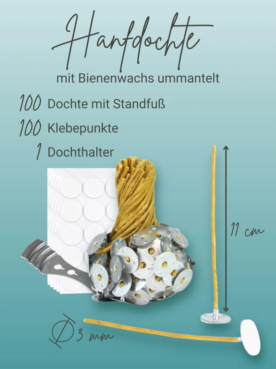 Bienenwachs-Docht aus Hanf – 100 Paraffinfreie Kerzendochte gewachst, Flachdocht 10 cm+1 lang, 3 mm breit, für Kerzen von 4-7,5 cm Duchmesser, mit Dochthalter & Klebepunkten, Kerzen selber Machen