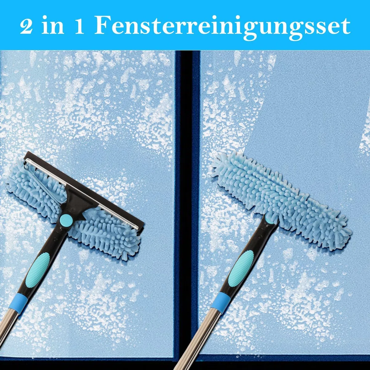 Terafeels 170cm Teleskop Fensterwischer Abzieher Set, 2 in 1 Teleskopstange Fensterreinigung ür Innen und Außen Hohe Fenster Autoglas (Blau)