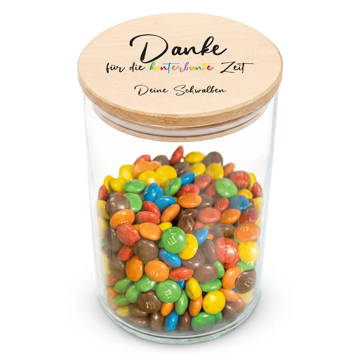 GRAVURZEILE Vorratsglas mit bedrucktem Holzdeckel - Danke für die Kunterbunte Zeit V1 - Personalisiert mit Name - Keksdose Bonbonglas mit Deckel - Vorratsdose - Geschenk als Dankeschön - 880 ml