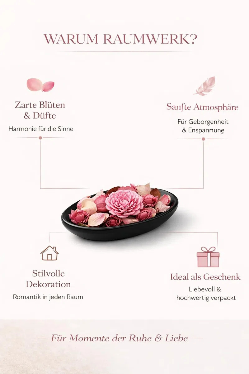 RaumWerk Premium Duft Potpourri Set Dusty Rose mit Schale & 3 Teelichtern – 60g Natur Potpourri – Elegante Dekoschale Schwarz – Floraler Raumduft für Wohnzimmer, Bad & Schlafzimmer – Geschenkidee