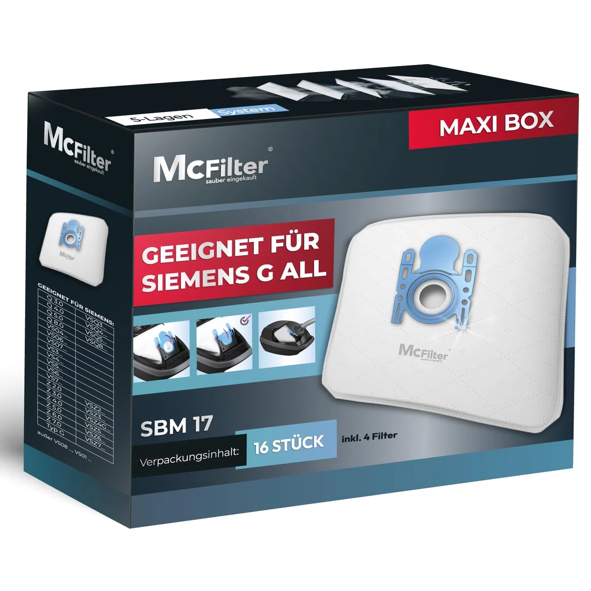McFilter I 16 Staubsaugerbeutel kompatibel mit Siemens Typ G All VZ41FGALL / VZ16GALL Serie VS06 Q2.0 Q3.0 Q5.0 Q8.0 VSQ5 VSQ8 Z 2.0 Z 3.0 Z 5.0 Z 7.0 synchropower I mit Staubverschluss I inkl. Filter