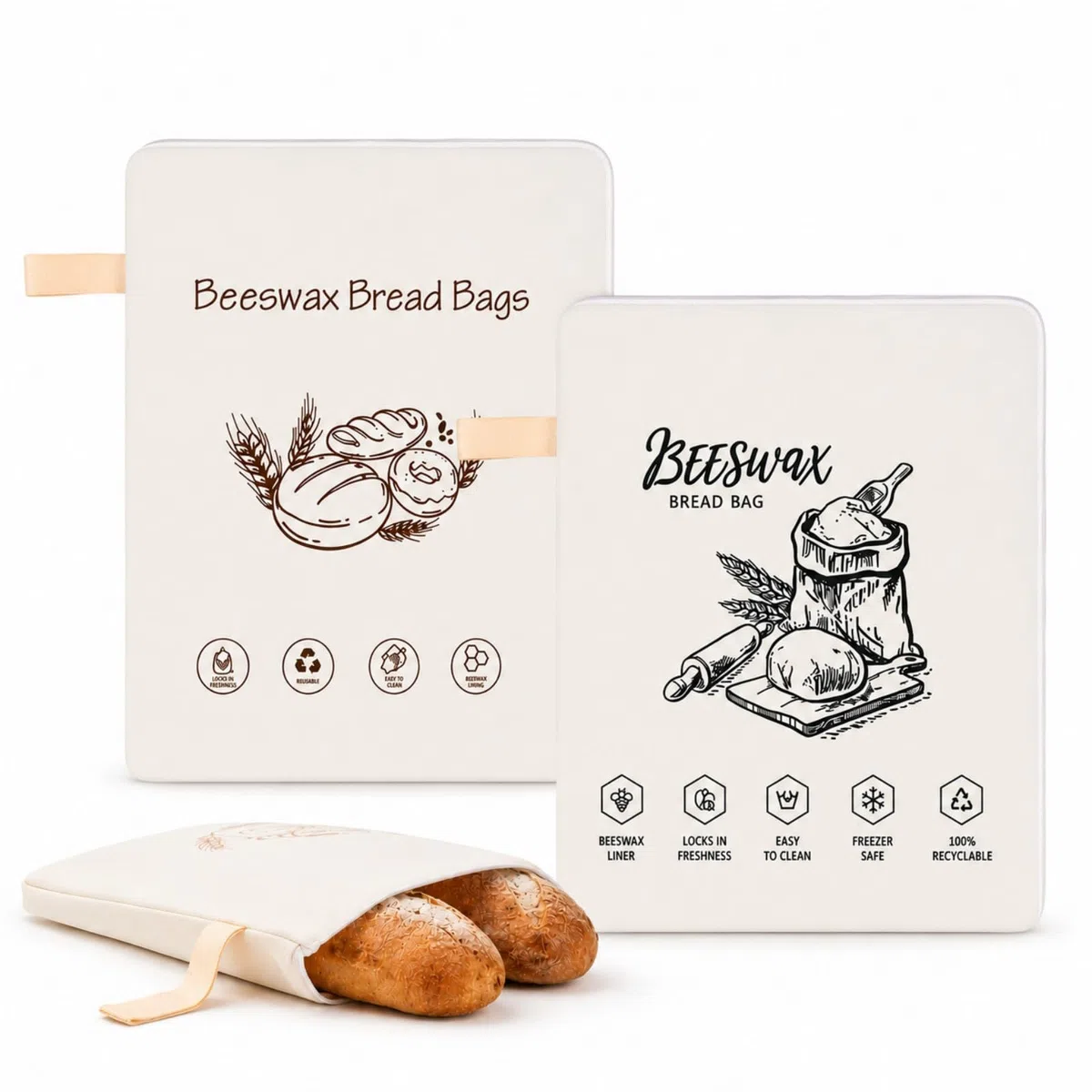 Brotbeutel Bienenwachs, Wiederverwendbarer Brotbeutel zum Frischhalten, Brotaufbewahrung mit L-Reißverschluss & Tragegriff, Brotsack für Brot, Obst, Gemüse und Backwaren, 2er Set