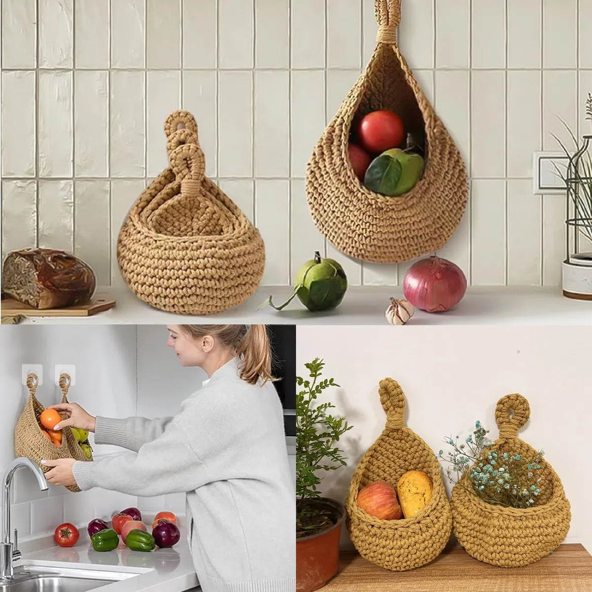 3 Stück Hängekorb Obstkorb, Handgewebt Baumwollegewebe Aufbewahrungskörbe Obstkorb Hängend Wandkorb Hängekorb Küche Obst für Obst Gemüse Wandpflanzer (3)