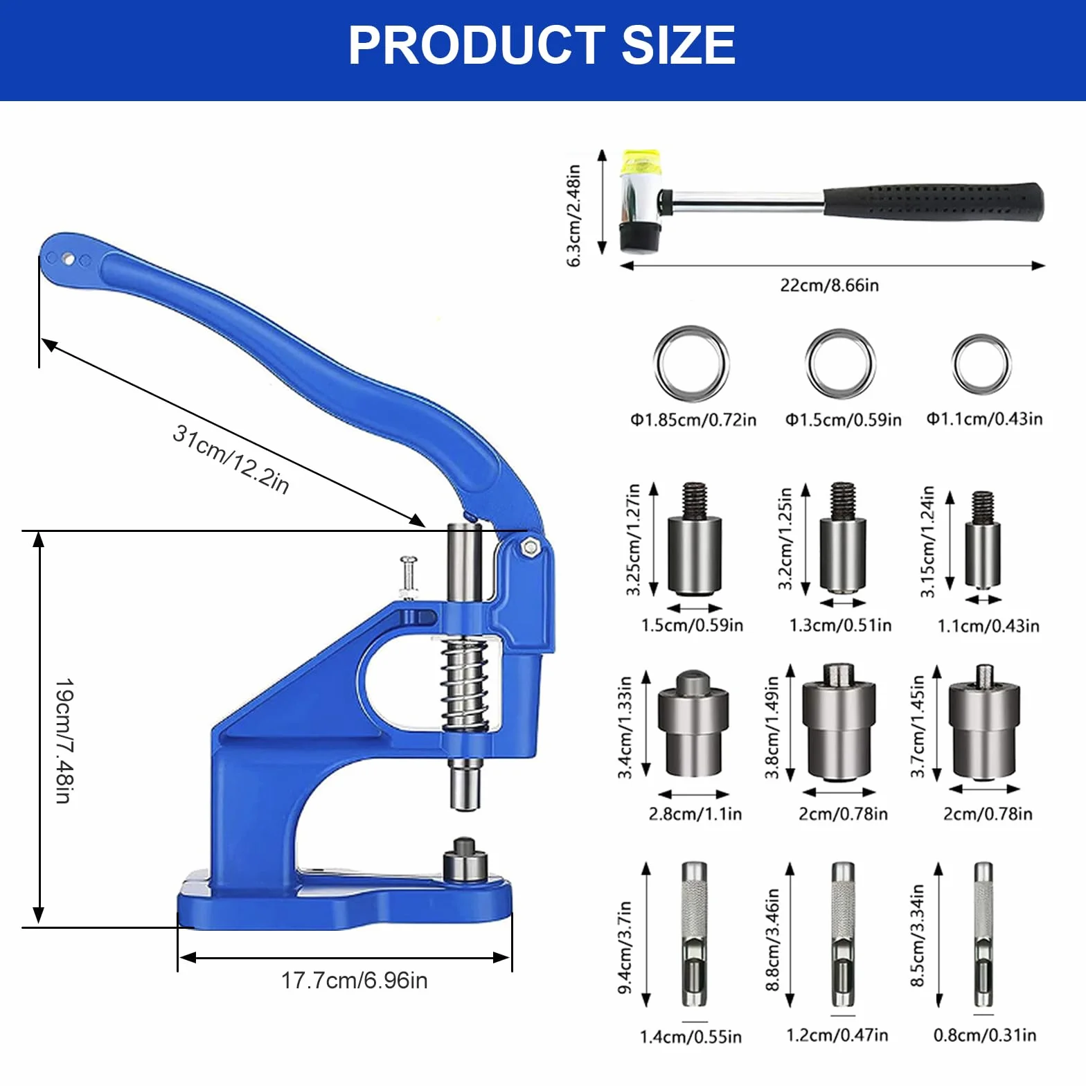 Topsky Multifunktionales Ösenpresse Handpresse Set mit Hammer: 3 Stempelsätze und 1500 Ösen (6/10/12 mm) inklusive – Perfekt für Ösen, Druckknöpfe und mehr – Ihre All-in-One Werkzeuglösung