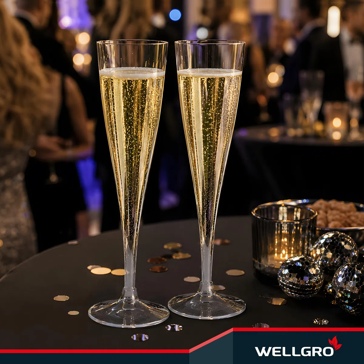 WELLGRO Sektgläser Set aus Kunststoff 100ml mit Eichstrich Sektkelch glasklar BPA-frei Mehrweg Wiederverwendbar Champagner Prosecco, Stückzahl:30 Stück