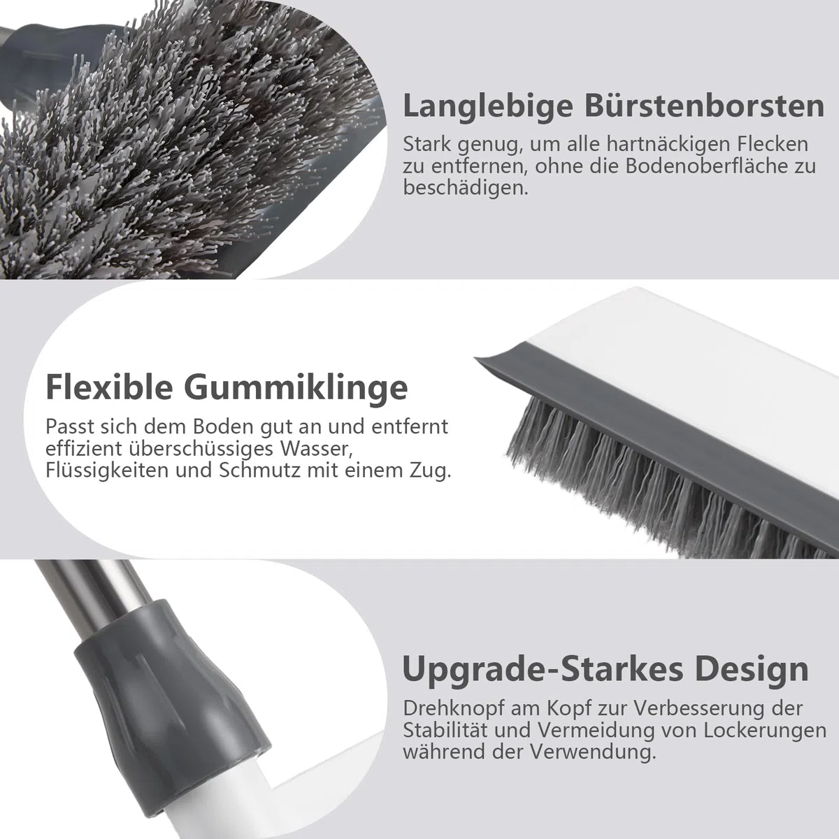 Mitclear Boden-Scheuerbürste mit Stiel(128cm), Schrubber Terrasse mit steife Borsten & Gummiabzieher, Terrassenreiniger, Scheuerbürste für die Reinigung von Fliesen, Balkon, Küche, Bad, Dusche, Garage