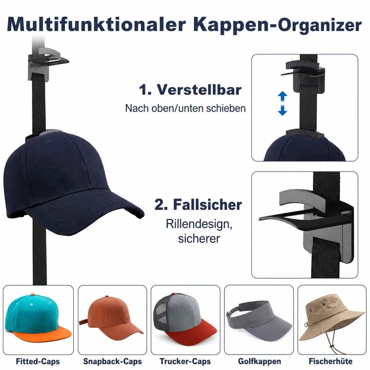 QUELIEN Cap Halter für Tür, Baseballkappen Organizer zum Aufhängen über der Tür, verstellbarer Kappenhalter ohne Bohren mit Display Haken, Hutablage für Schrank und Schlafzimmer, 1 Stück