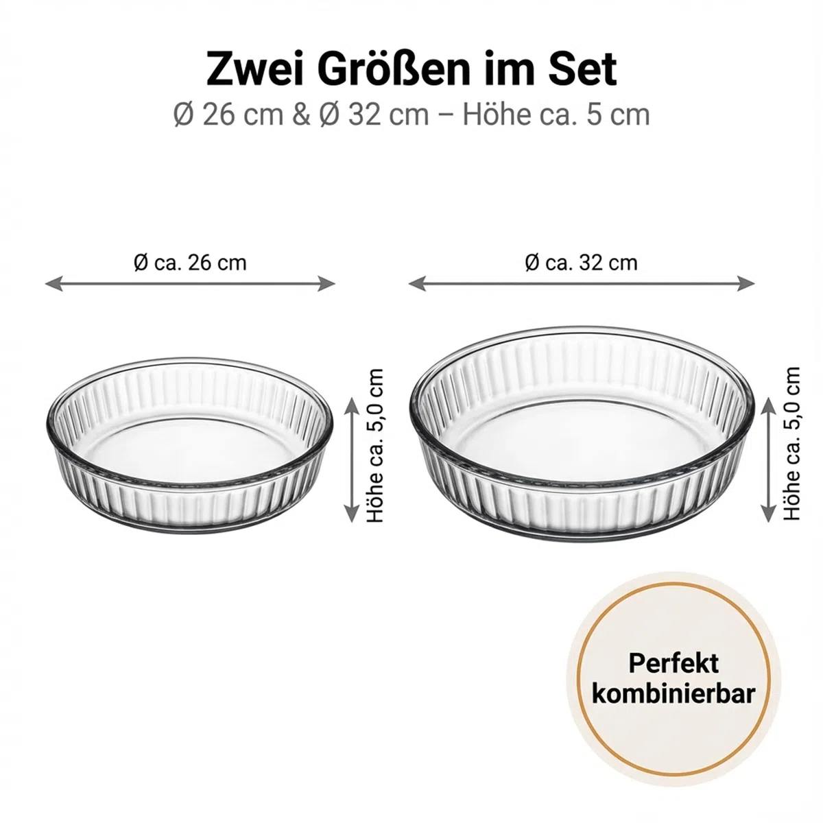 by Pasabahce Borcam runde Auflaufformen Ø 26 und 32cm, 2er Set, Backformen aus Kristallglas, spülmaschinengeeignet