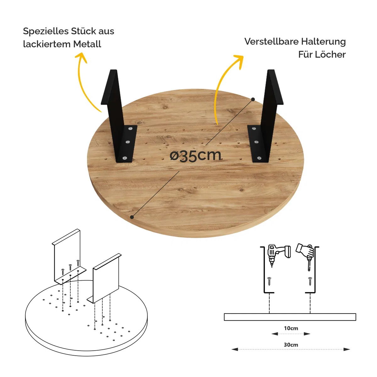 Couch-Tablett Armlehne, Einstellbarer Sofa-Tablett, Getränkehalter, spezielles Design praktischer Metallhalterung, Sitzgarnitur Ablage, Durchmesser ⌀ 35 cm (Eiche)