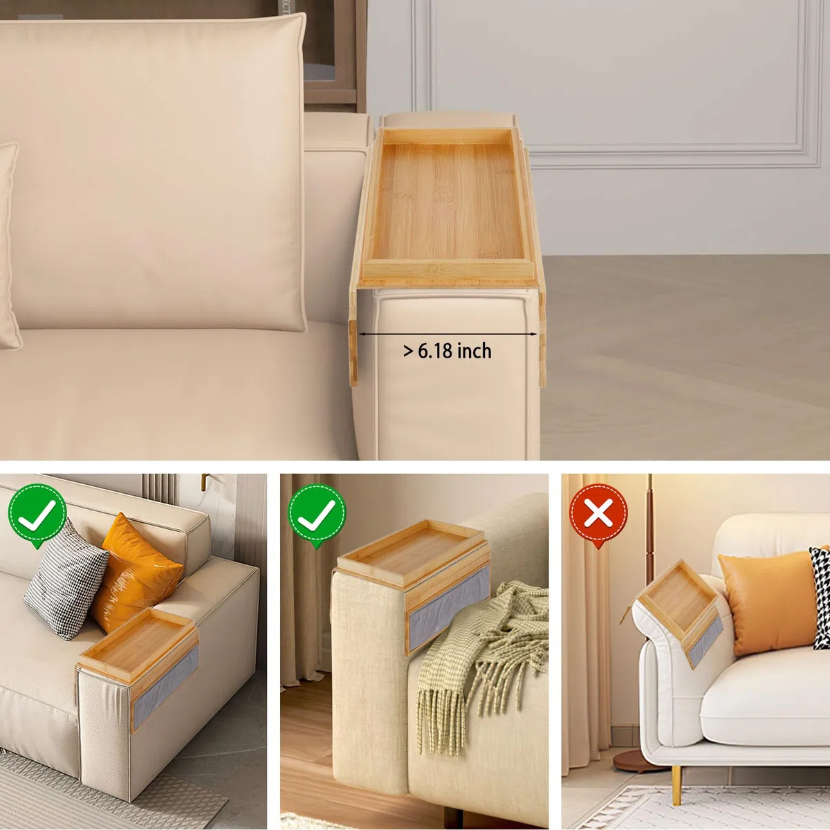 Faltbares Sofatablett Armlehne, Bamboo Couch Tablett Ablage mit Anti Rutsch Kissen, Mit Einer Aufbewahrungstasche Couch Armlehnentisch für Snacks Handy Tassen (45.5 x 34cm)