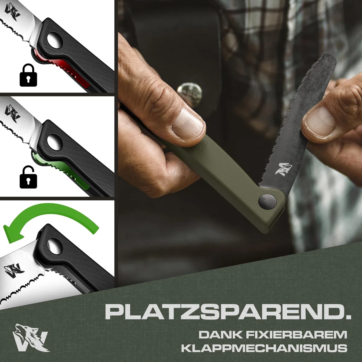 ODENWOLF W-PICNIC - Brotmesser Wellenschliff als Folding Knife - Sägemesser auch geeignet als Jausenmesser oder Brötchenmesser - Scharfes Outdoor Wellenmesser klappbar verwendbar als Picnic Messer