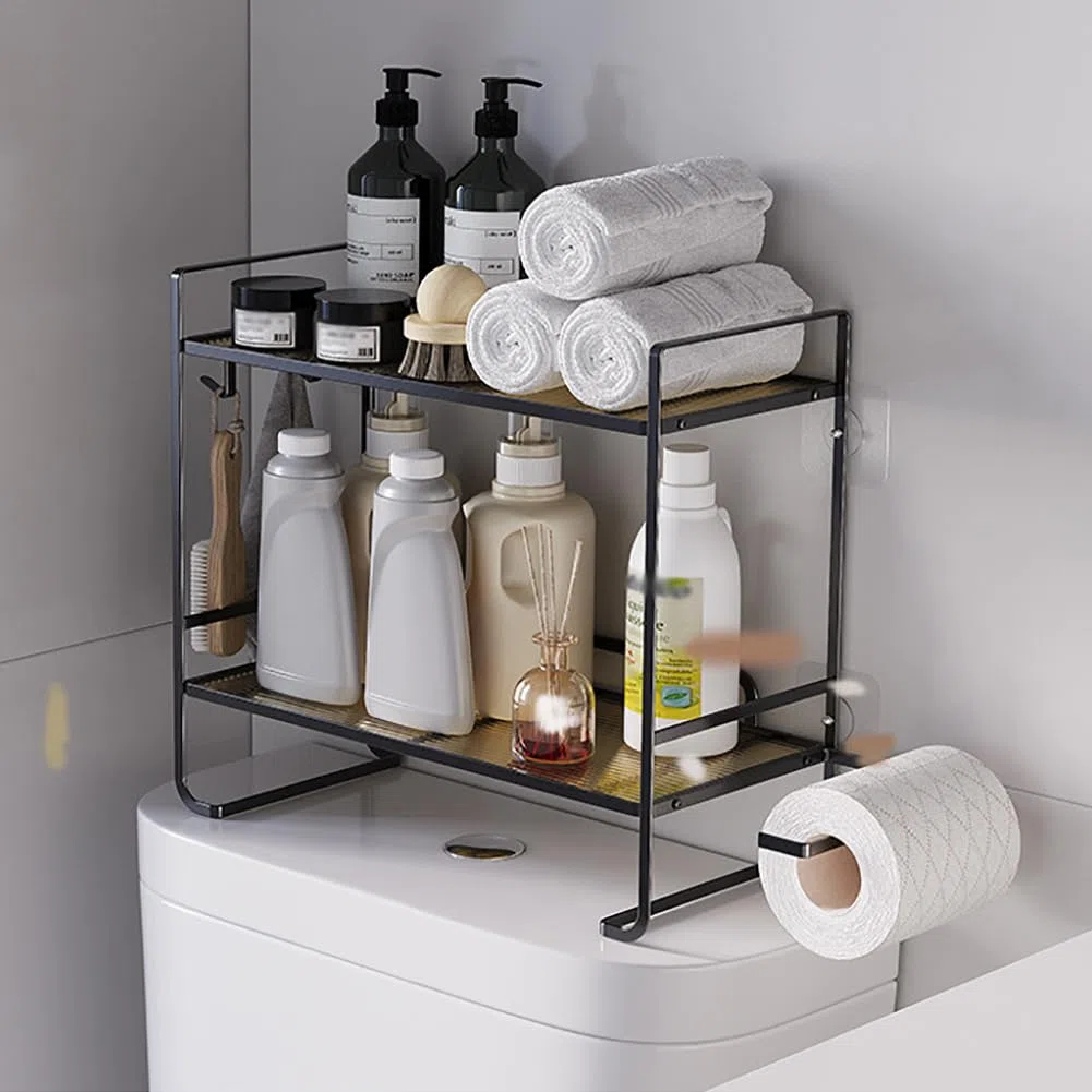 Aufbewahrungsregal über der Toilette,2-stufiger Badezimmer Aufbewahrungs Organizer aus Metall mit 2 Haken, Papierhalter, Regal für den Toilettenspülkasten, Schwarz
