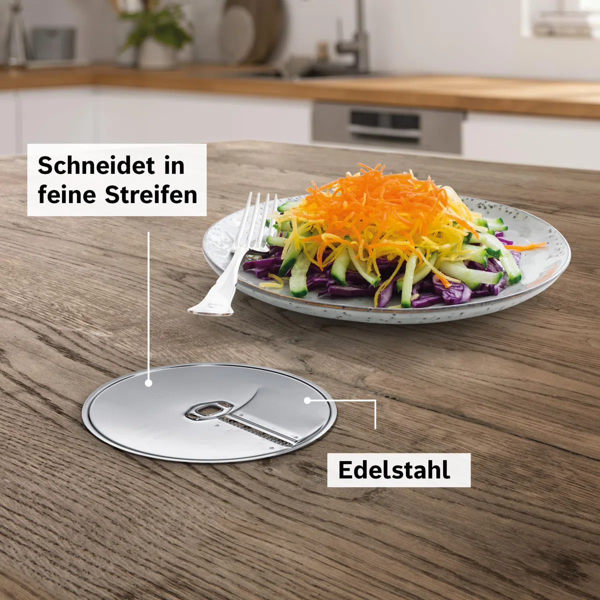 Bosch Asia-Gemüse-Scheibe MUZ45AG1, Zubehör passend für Küchenmaschine Serie 4, Serie 2, MUM4 für feine Gemüsestreifen, Durchlaufschnitzler notwendig, robust, Edelstahl, spülmaschinenfest