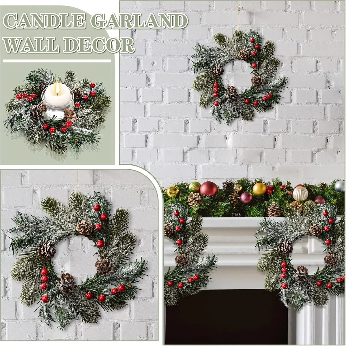 KAHEIGN 4Pcs Weihnachtskerzen Ringe, 20CM Künstlicher Roten Beeren Kränze Weihnachtskerzenringe Verschneiten Tannennadeln Kerzenhalter für Weihnachten Tisch Deko, Tannenzapfen-Kerzenringgirlande