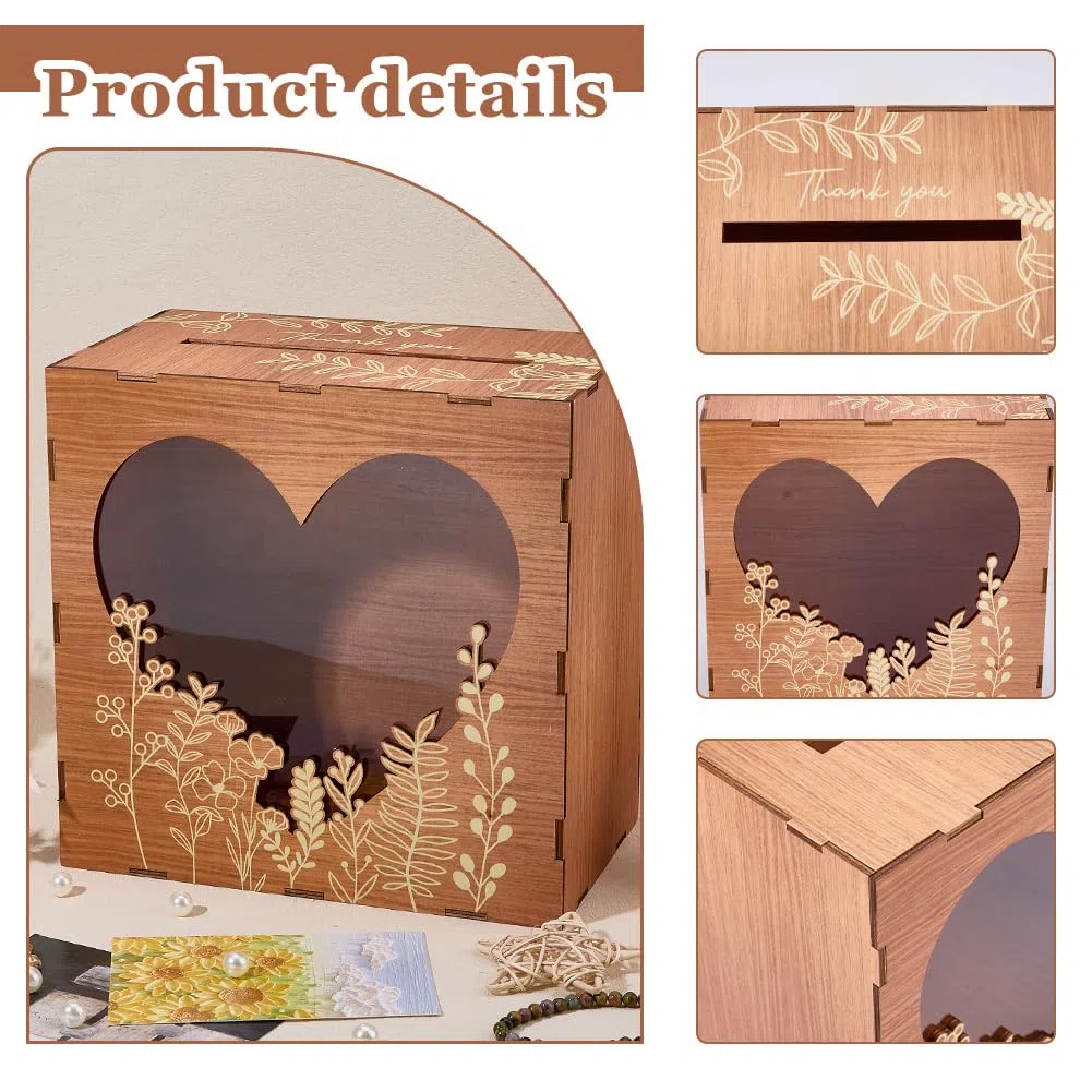 DICOSMETIC Holz Hochzeitskartenbox Hölzerne Kartenboxen Mit Schlitz 9.8x5.9x9.8 Zoll Rustikale Umschlag Geldbox Mit Herzfenster Geschenkkartenboxen Für Geburtstagsempfang Feier Abschlussfeier