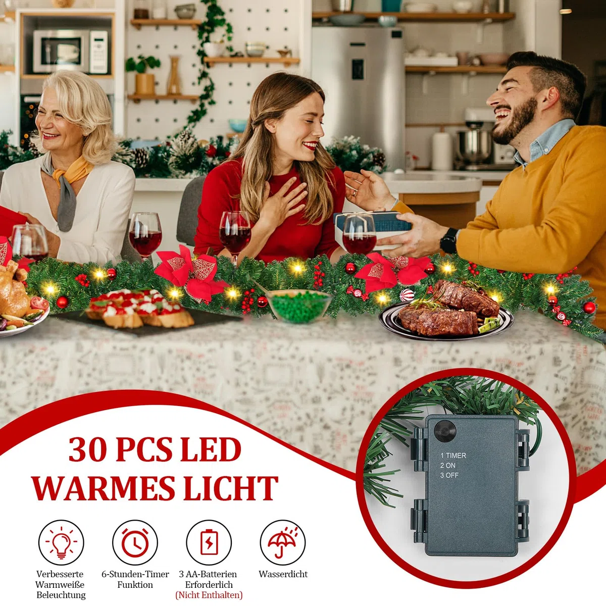 270cm Weihnachtsgirlande, Weihnachtsdeko Girlande mit Beleuchtung, 30 LED Weihnachtsdeko Girlande, Künstlicher Weihnachtsgirlande, Kamin & draußen, Weihnachtsdekoration