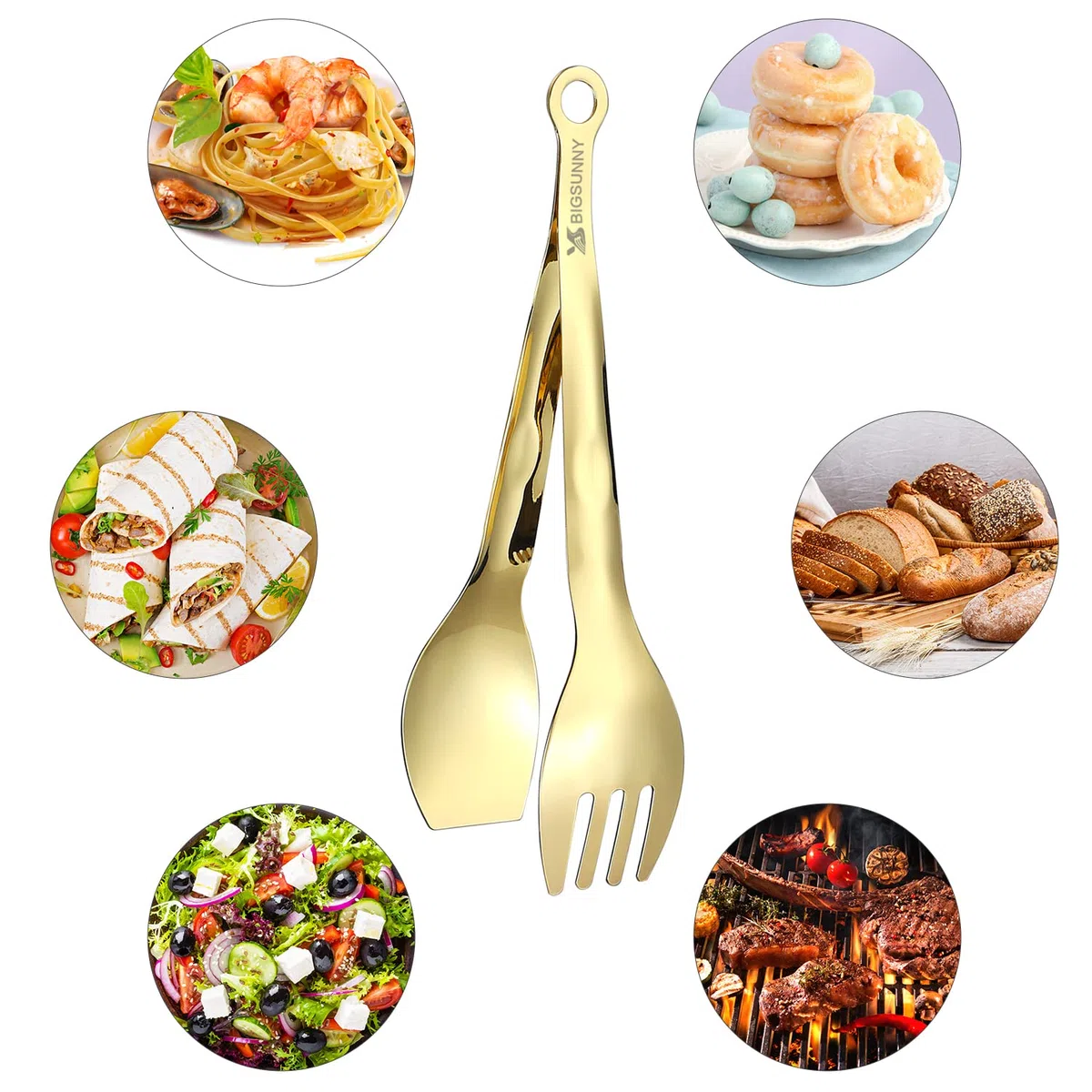 MSY BIGSUNNY 23cm Servierzange, Edelstahl-Metallzange zum Kochen, Grillen, Buffet, 2 Stück, Gold
