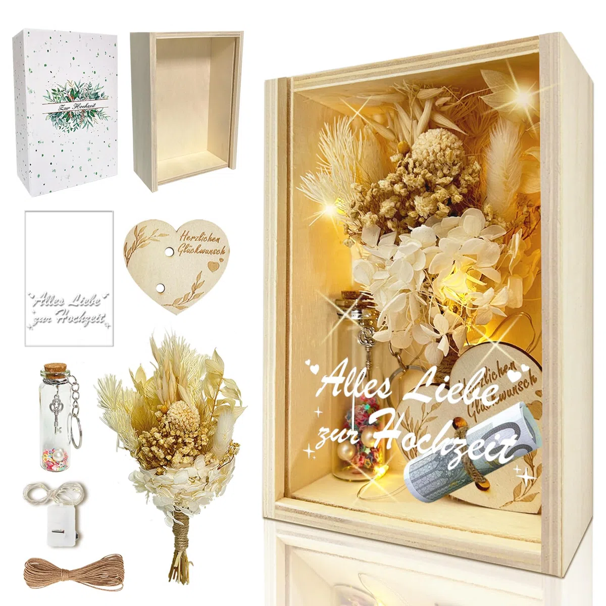 HILKKET Hölzerne Hochzeit Geschenk für Brautpaar, Geldgeschenk Hochzeit mit Ewige Blumen, Holzbox, Kunststoff Reagenzglas, Lichterketten, Wunschflasche, Garn, Hochzeitsgeschenke