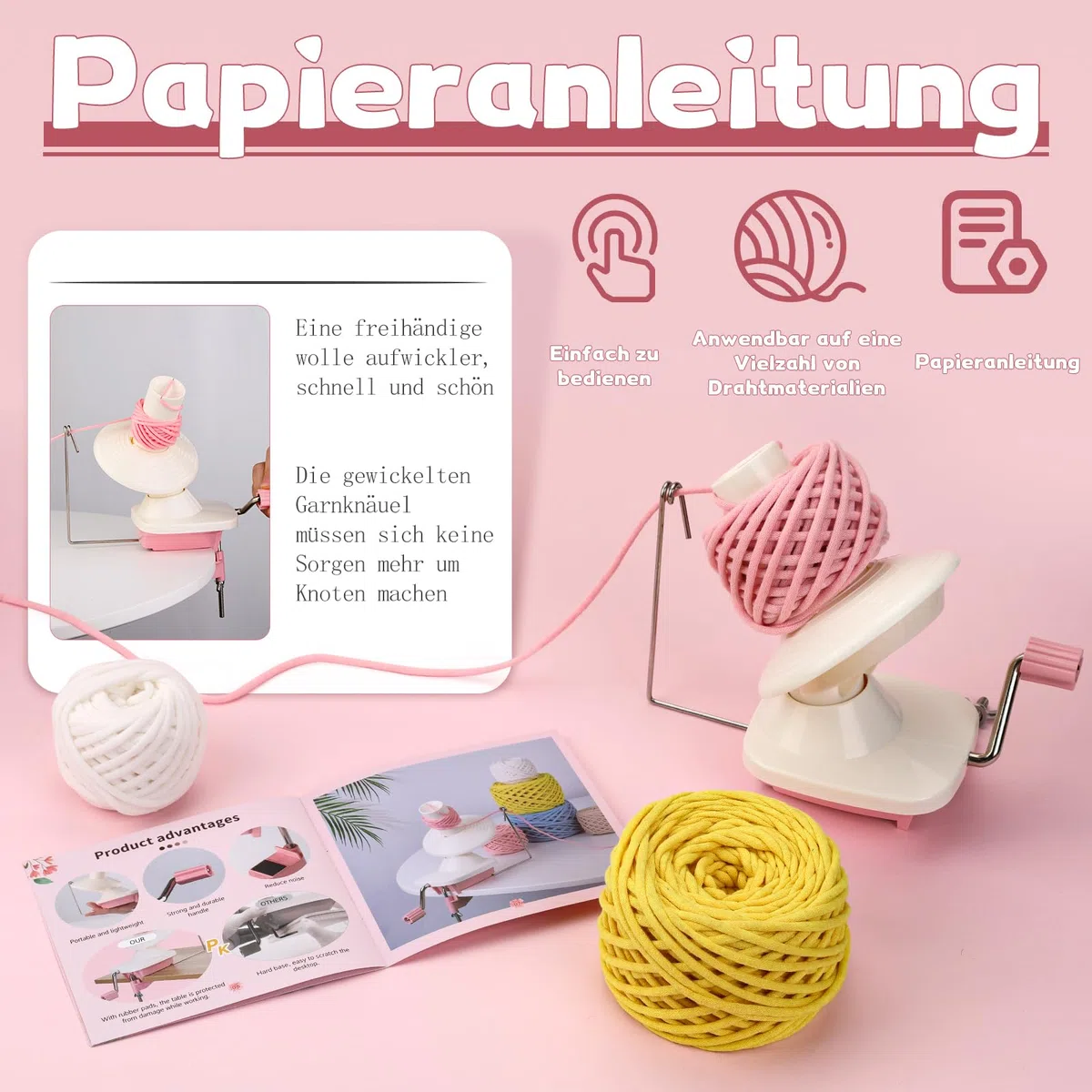 Wamkon Kugelwickler, rosa Garnknäuelwickler zum Häkeln, einfach zu installierender Garnrollenwickler, mit Anleitung und Aufbewahrungsbox