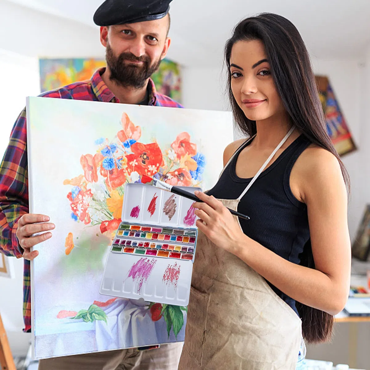 Pandahall Aquarelldose Leer 42 halbe Näpfchen & 24 volle Näpfchen Leere Aquarellpalette Aquarell-Tablettdose Mit Ausklappbarer Palette Für DIY-Aquarell-Ölgemälde Skizzieren Kunstzeichenzubehör