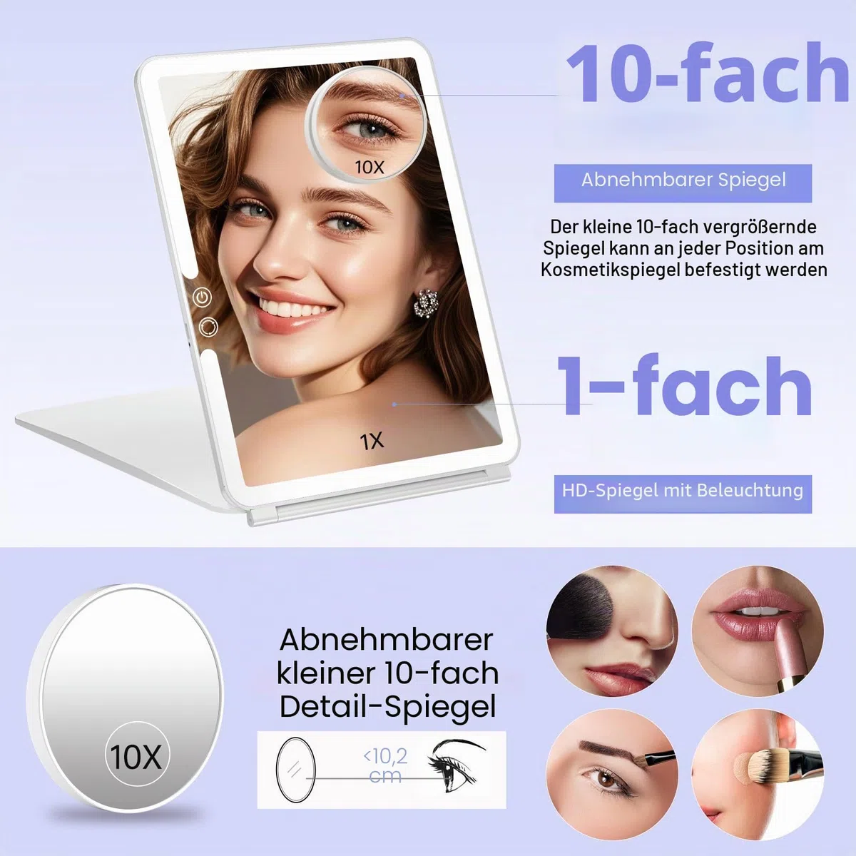 FUNTOUCH Kosmetikspiegel mit Beleuchtung, 1X 10X Spiegel Vergrößerung, 2500 mAh USB Aufladbarer Beleuchteter Reisespiegel, 3 Farben Winstellbarer Led Schminkspiegel, Make up Spiegel für Reisen (Weiß)
