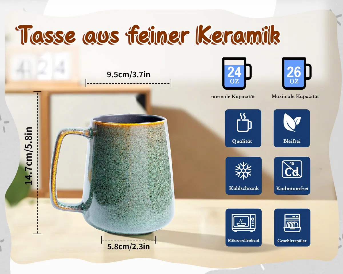 Große Keramik Kaffeetassen, 24 Unzen / 700ml Extra Große Tassen, Für Cappuccino, Latte, Heiße Kakao Oder Heißes Tee- Geschenk (24 oz Dark Green)