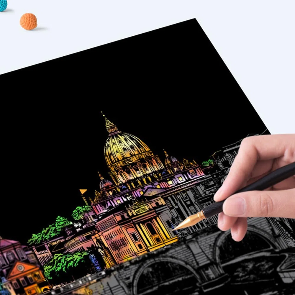 12Stück Magic Rainbow Kratzpapier A4 Kratzbilder Erwachsene Sehenswürdigkeiten Wandbild mit Kratzwerkzeuge Kit City Series Night Scene Regenbogen-Kratzkunst für Erwachsene Kinder DIY-Handwerk