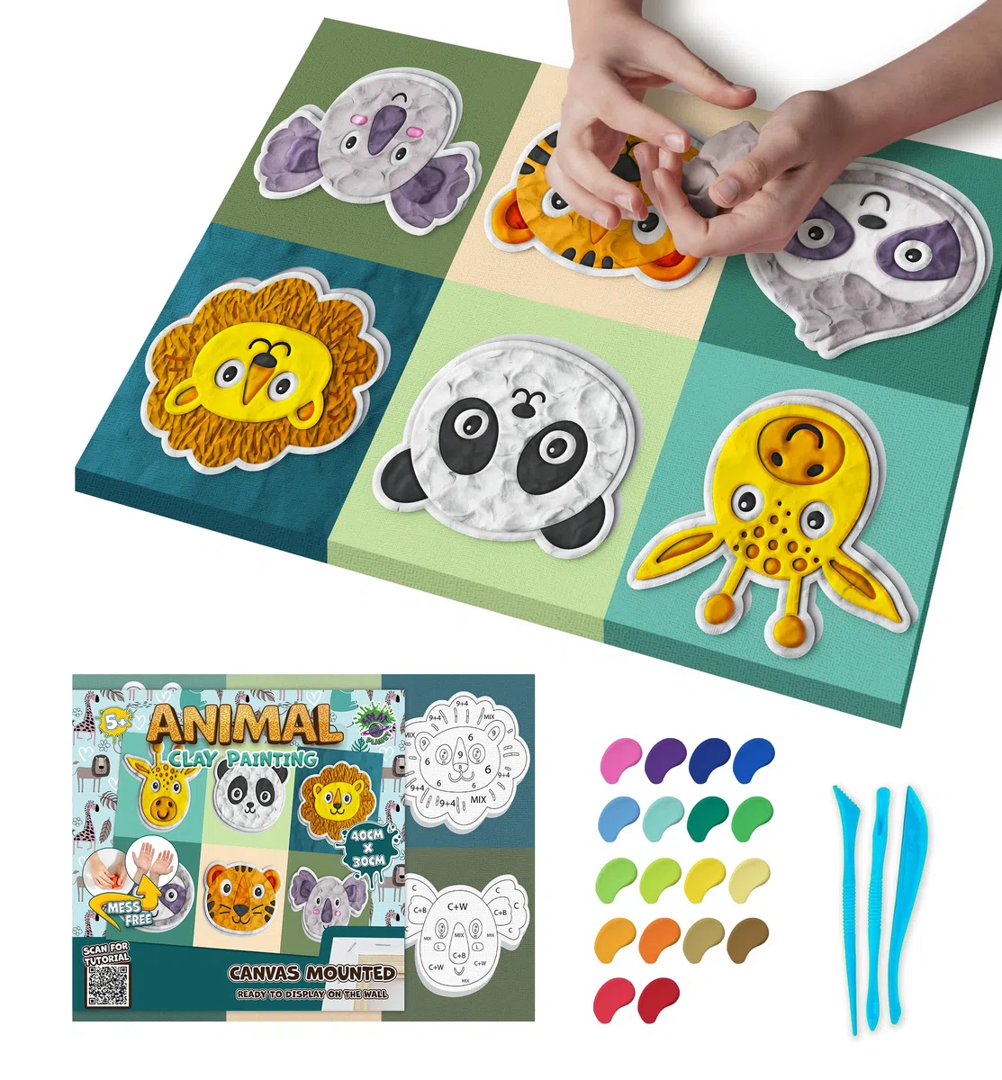 Splat Planet Klecksfreies Tier-Knetmalset, lufttrocknendes Knetmodellierset, sensorisches 3D-Leinwand-Bastelset für Kinder, vorgerahmt 40 x 30 cm